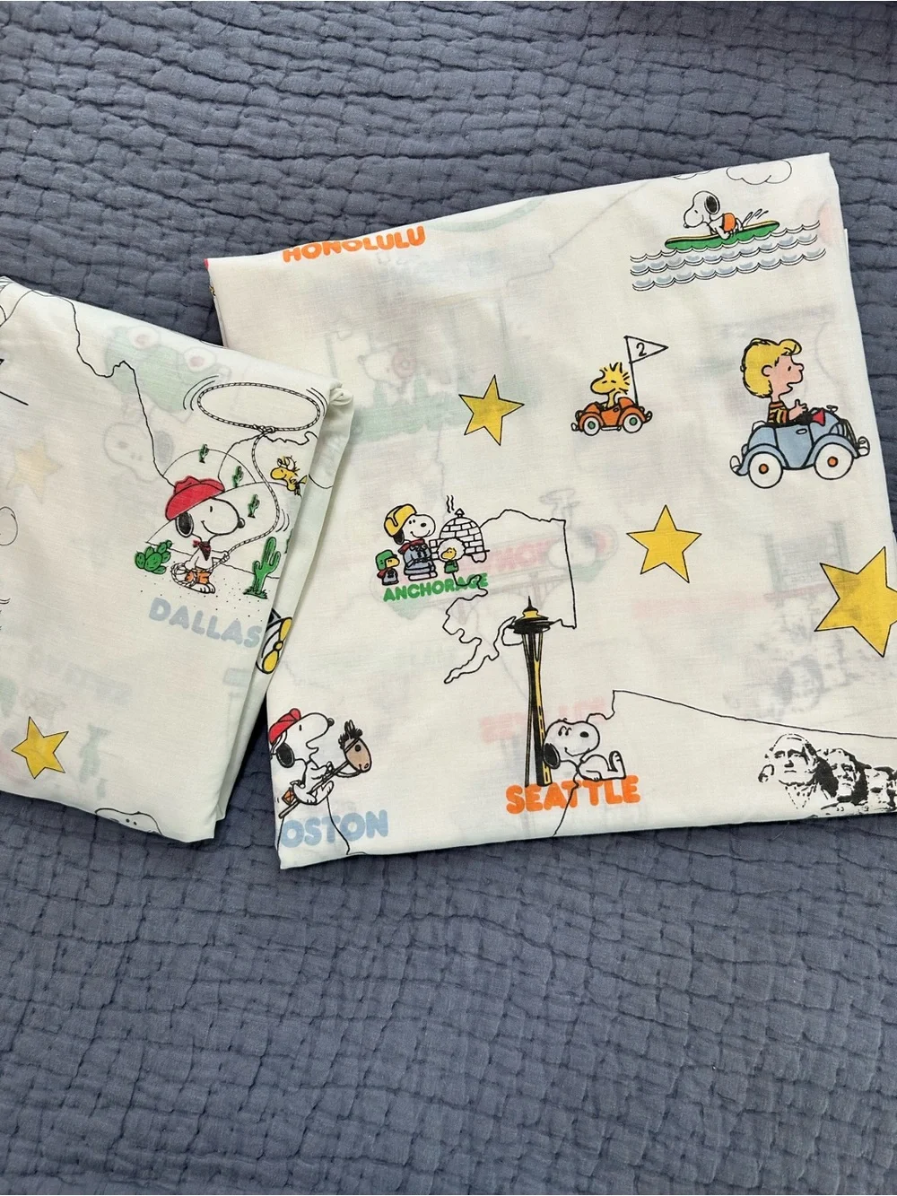 Peanuts ~1970s “See America First” US Cities Vintage Twin Top + Bottom Sheet Set